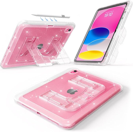 CCMAO Case for iPad A16 11th Generation, iPad Case 10th Generation, Sparkly Glitter Transparent Back, Larger Kickstand, Pencil Holder, Drop-Proof Protective Cover for iPad 11/10, Clear Glitter