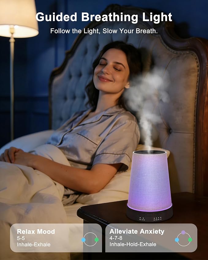 Marchred 150ml Cordless Fabric Essential Oil Diffuser with Guided Breathing Light, Battery Rechargeable Aromatherapy Diffuser with 7-Color LED & Warm Night Light for Relaxation & Meditation
