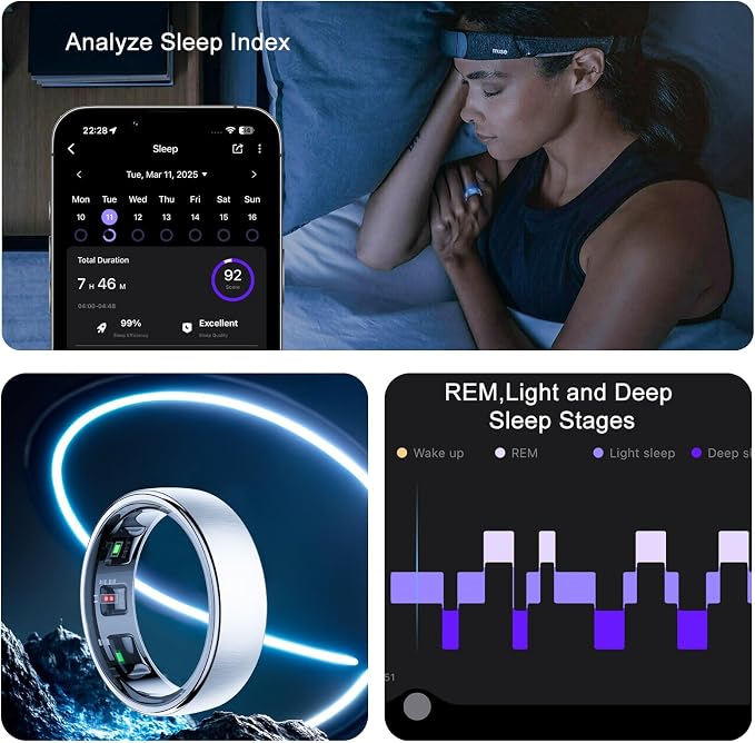 Smart Ring for Women Men,Fitness Tracker Ring with Sleep Monitor,Heart Rate,Blood Oxygen,Steps,Calories Tracker,IP68 Waterproof Smart Rings,5-7 Days Battery Life for iOS Android,No App Fee（Silver,9）