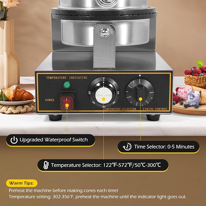 Dyna-Living Commercial Ice Cream Cone Machine Waffle Cone Maker 110V Electric Stainless Steel Egg Roll Mold Nonstick Waffle Cone and Bowl Maker for Home Restaurant Use 1200W