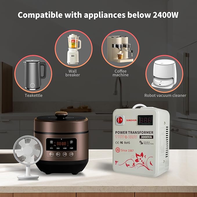 SUNSHUN Step Up Transformer 110v to 220v, 3000W Step Up Voltage Converter 110 to 220 Volt for 220v-240v Europe Asia Appliance Used in US with Voltage Display