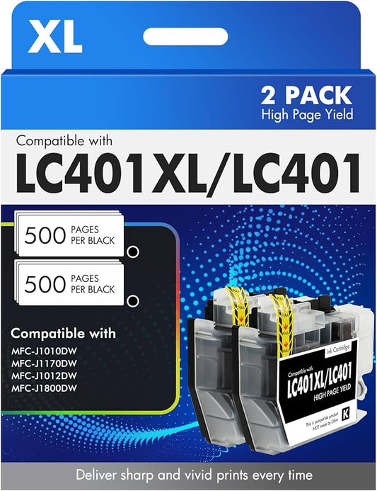 LC401XL LC401 MFC-J1010DW Black Ink Cartridges Compatible for Brother LC 401 XL MFC-J1010DW MFC-J1170DW MFC-J1012DW MFC-J1800DW MFC J1010DW Printer (High Yield, 2 Pack)