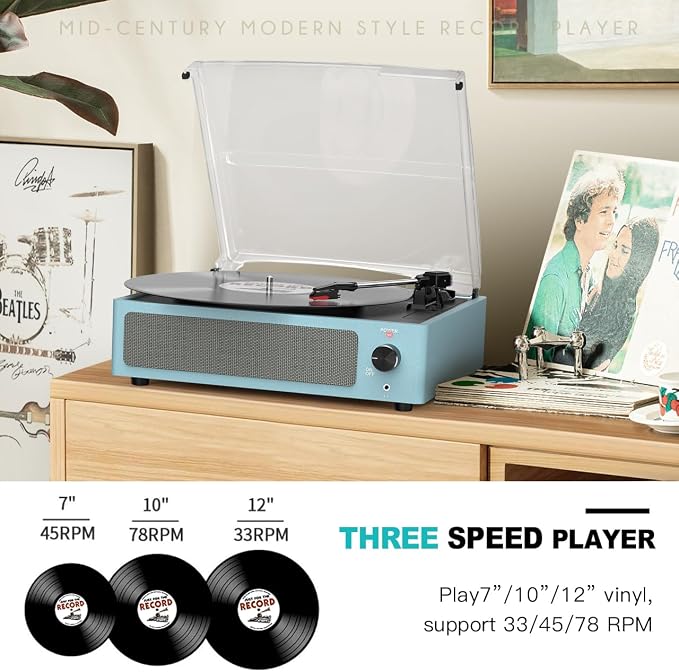 Vinyl Record Player with Speakers Vintage Turntable for Vinyl Records Belt-Driven Turntable Support 3-Speed, Wireless Playback Headphone AUX-in RCA Line LP Players for Sound Enjoyment New Sleek Blue