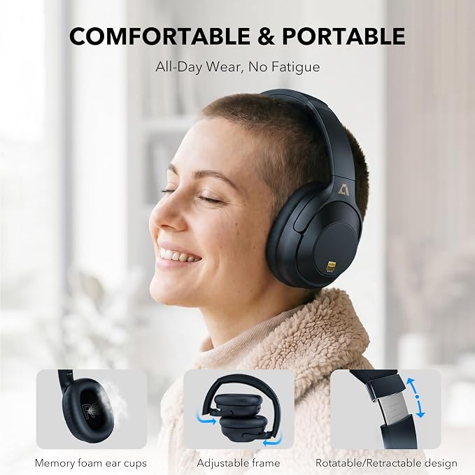 Bluetooth 6.0 Active Noise Cancelling Headphones for Airplane Travel, LDAC Hi-Res Audio, 90H Playtime Wired and Wireless ANC Headphones, Over Ear Headset for Home Office, Custom EQ via APP, Blue