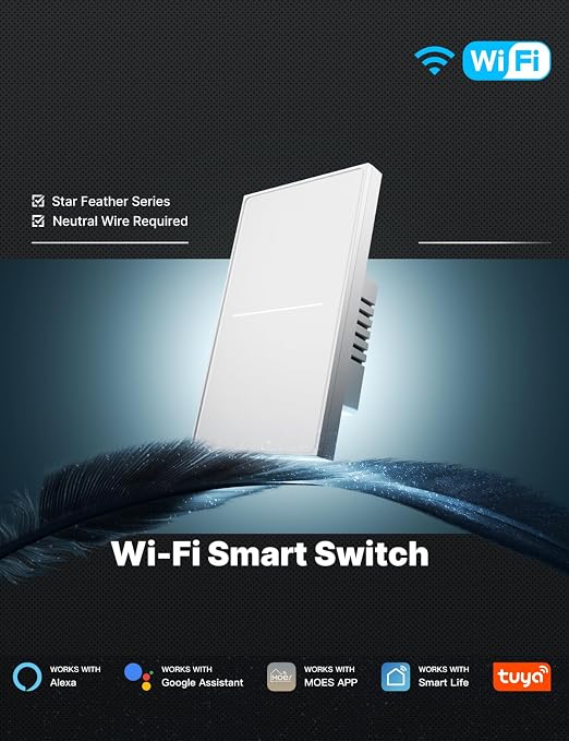 MOES Full Touch Smart Switch, SF(Star Feather 2026 Version) Wall Light Switch, Neutral Wire Required, Anti-Glare Panel, 2.4GHz WiFi Work with Smart Life/Tuya App, Alexa and Google Home White 2 Gang