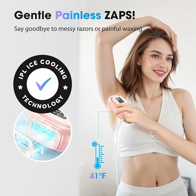 IPL Laser Hair Removal Device for Women & Men - Home 45°F Ice-Cooling Contact for Painless & Long-Lasting Results, 86% Hair Reduction in 3 Weeks for Full Body & Bikini Line, Hot Pink