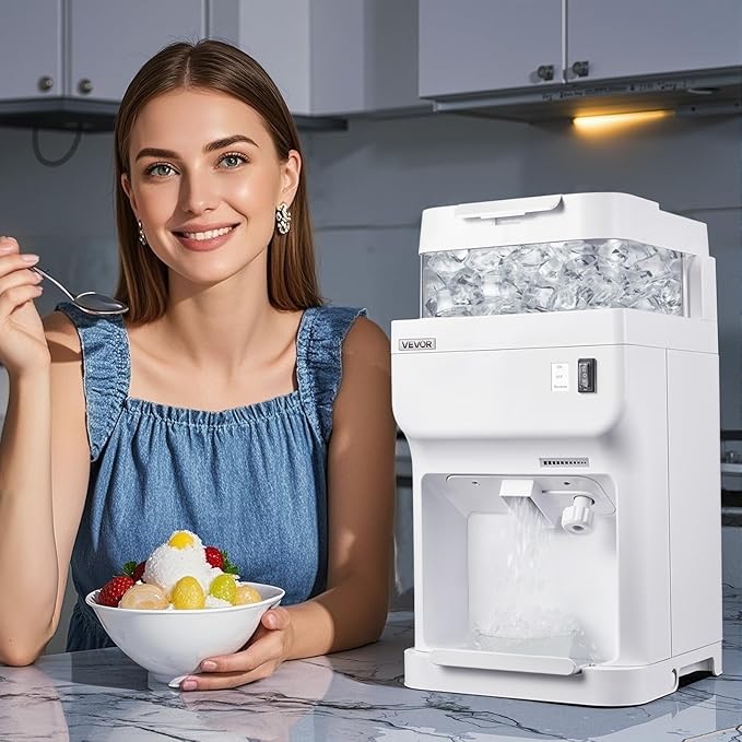 VEVOR Commercial Ice Shaver Crusher, 220lbs Per Hour Electric Snow Cone Maker with 8L Ice Cube Box, 350W 1500RPM Tabletop Shaved Ice Machine for Parties Events Bar, Home and Commercial Use (White)