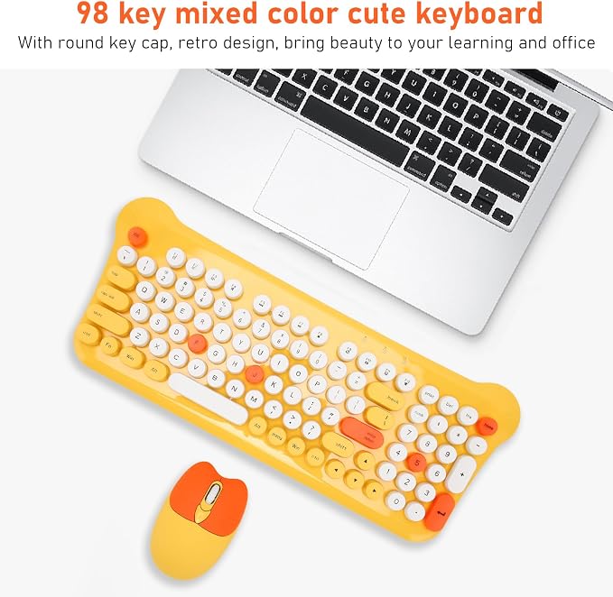 Keyboards and Mouse Combo, 98 Keys, Cute, USB Receiver, Silent Click, 2.4G Full Size, for Smart TVs (Yellow)