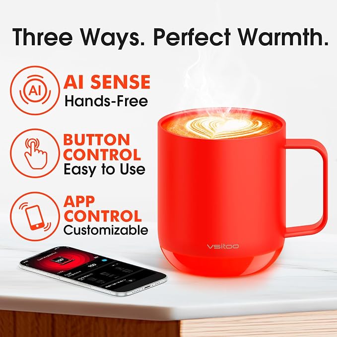 Vsitoo S6 Plus 12oz Smart Self Heating Coffee Mug, AI Auto-Sensing Heated Espresso Mug Temp Control 120-150℉, Rechargeable Mug Warmer with Music LED, IPX7 Gift for Women Men-Red