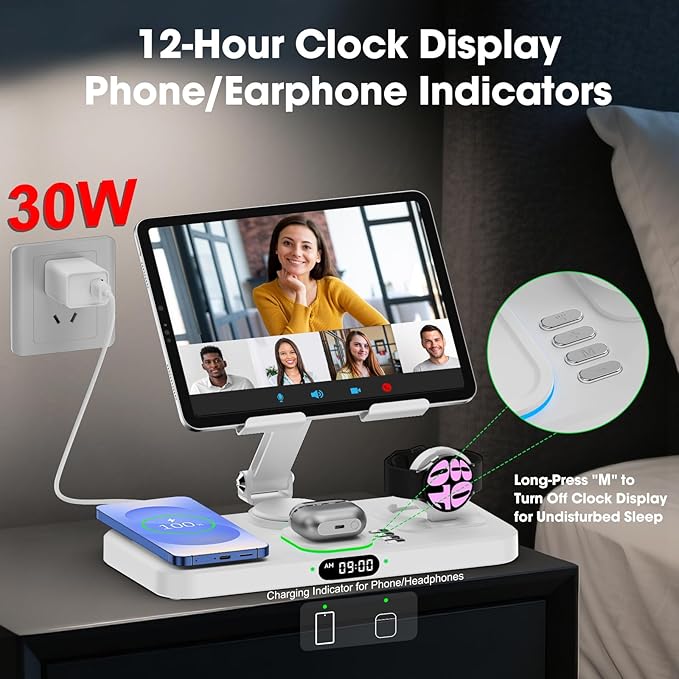 30W Tablet Wireless Charger for Samsung, Foldable Android Charging Station with Clock Display with 7-Color Light, Wireless Watch Charger for S25, Only Compatible Samsung Watch, Galaxy Buds3 Pro(White)