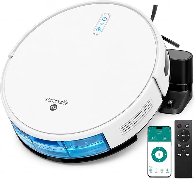 SereneLife Automatic Robot Vacuum Cleaner and Mop Combo, Pro Edition with Upgraded Battery, Extreme Suction, Internal Water Tank - Smart App Control, Ideal for Pet Hair, Carpet and Hard Floors, White