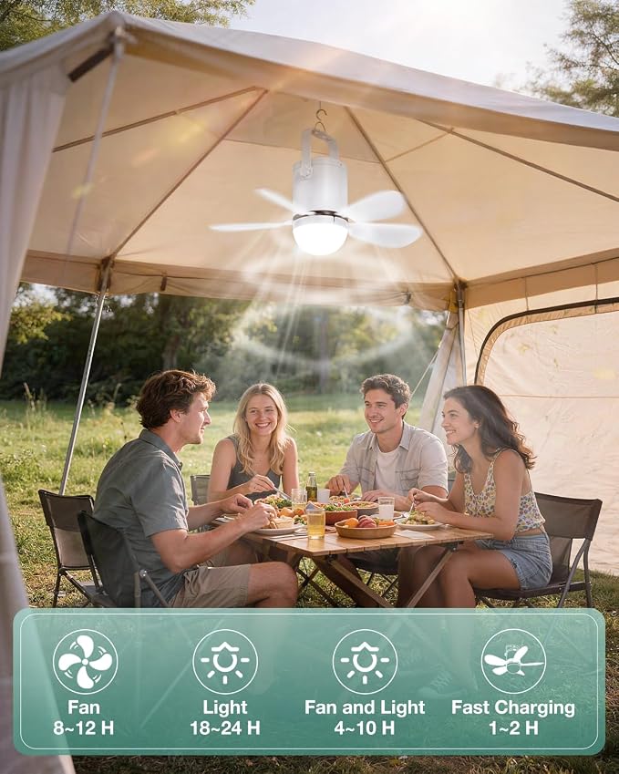 Ceiling Fan Light, Portable Battery Gazebo Fan with Remote Control & Fast Charging Cable, Rechargeable Wireless Camping Fan Outside, for Outoor Tent Porch Canopy Pergola RV Travel