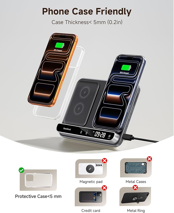 Dual Phone Charger, Wireless Charger for iPhone 17/16/15/14/13/12 Series, for Apple Watch 11/10/9/8/7/Ultra 3/SE 3, for AirPods 4/Pro 3/Pro 2, SwanScout 710A