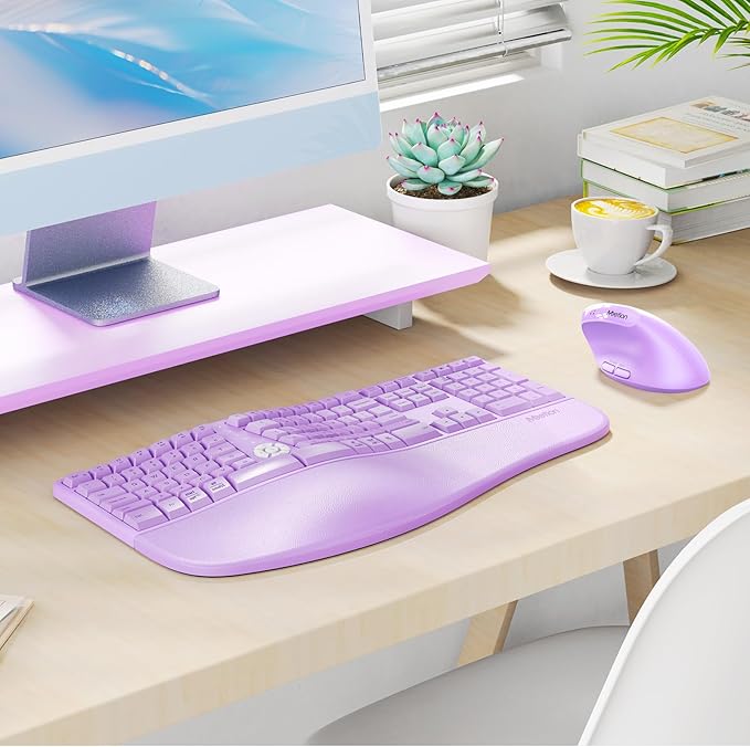 MEETION Ergonomic Wireless Keyboard and Mouse, Curved Keyboard with Vertical Mouse, Split Ergo Keyboard with Wrist Rest, Natural Typing Rechargeable Full Size, Windows/Mac/PC/Laptop, Purple