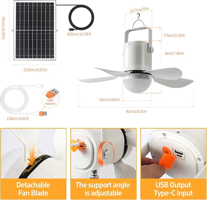 HZZ 17'' Off-Grid Solar Ceiling Fan with Light, 10800mAh Battery, 15W Panel, Low Noise DC Motor, Remote Control, for RV Gazebo Camping Porch Shed