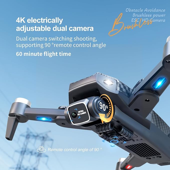 4K UHD GPS Drone with Camera (Equipped with dual cameras), Foldable RC FPV Drone, small-scale Drone Control Quadcopter With Height Setting Function, Six-pass Gyroscope, Gesture Photo, Video Recording, Headless Mode, Emergency Stop, Trajectory Gravity S...
