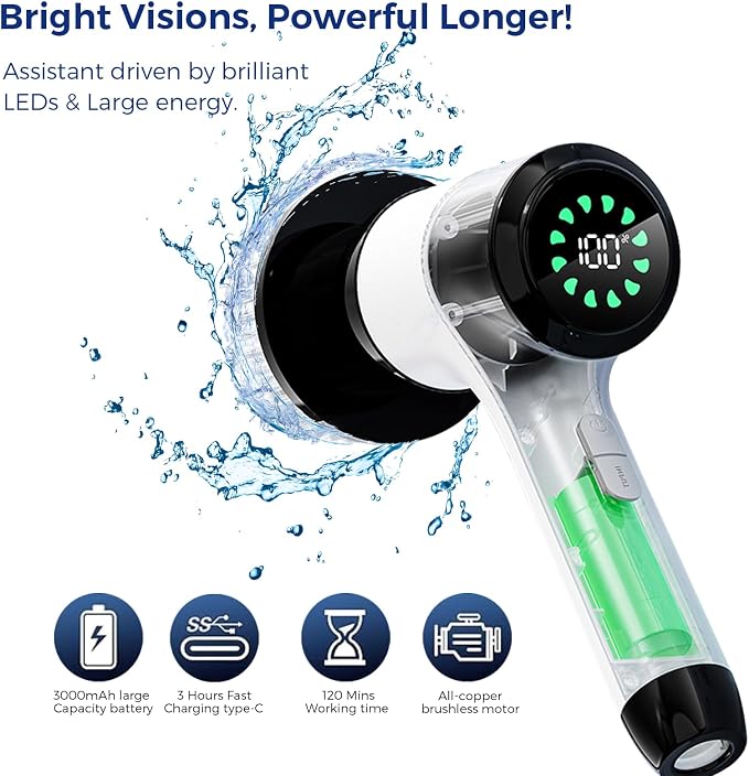 Electric Spin Scrubber, Cordless Power Cleaning Brush with 8 Replaceable Heads, 2 Adjustable Speeds, LED Display & Long Handle, Ideal for Bathroom Tub Tile Floor Car Cleaning