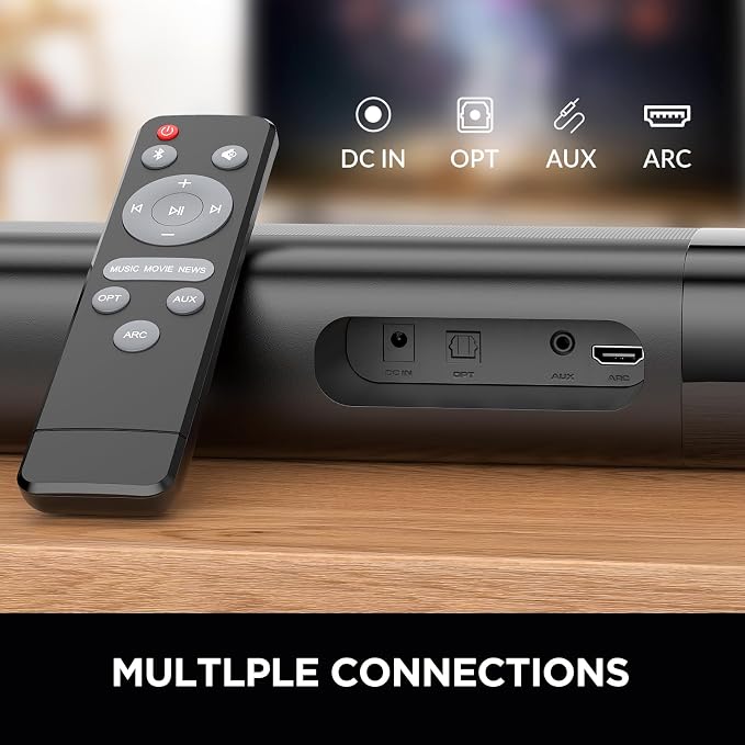 Sound Bar for Smart TV, 80W Soundbar with Bluetooth/ARC/Opt/AUX Connect, Auto Volume Boost, 3 Equalizer Modes, 2 in 1 Detachable Soundbar for TV/PC/Gaming/Projectors
