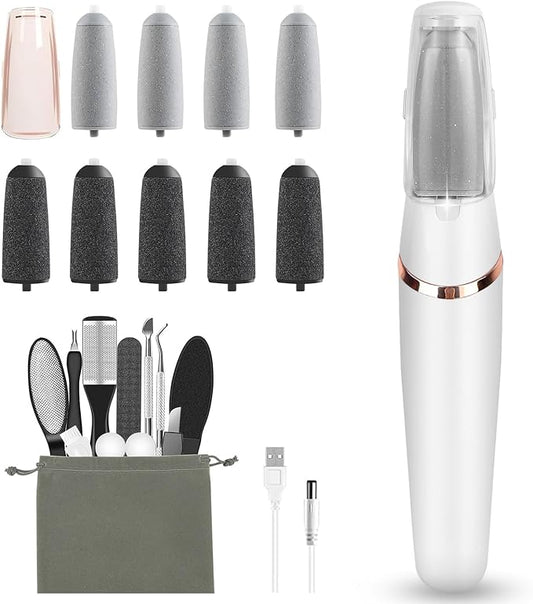 Electric Foot Callus Remover Pedicure Kits Rechargeable with12 in 1, Removes Dry Skin for Smoother Feet & 9 Pack Pedicures Replacement Heads