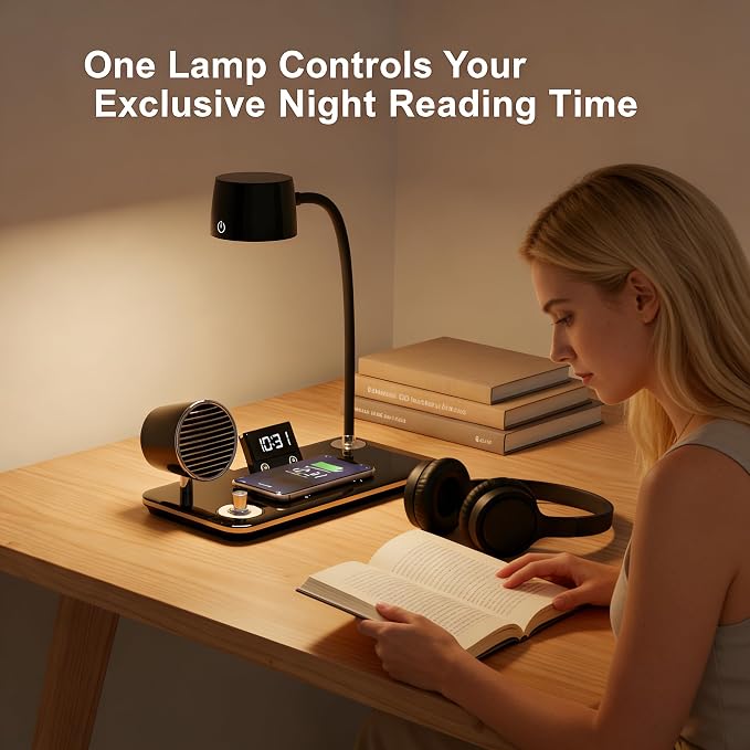 LED Desk Lamp for Home Office, 4-in-1 Modern Desk Light with 15W Wireless Charger, Bluetooth Speaker & Digital Clock, 3 Color Modes Eye-Caring Study Reading Lamp, Flexible Gooseneck, Black