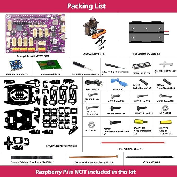 Adeept RaspClaws Hexapod Spider Robot Kit Compatible with Raspberry Pi 5/4B/3B/3B+(Board Not Included), STEAM Crawling Robot, OpenCV Target Tracking, Video Transmission, RPi Robot with PDF Manual