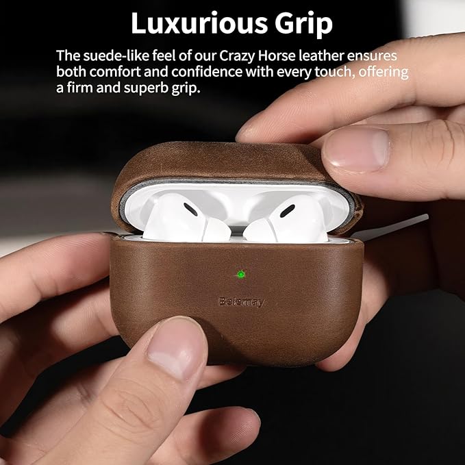 Belemay Handcrafted Crazy Horse Leather Case for AirPods Pro 3rd Gen (2025), Vintage Aesthetic, Two-Tone Effect, Unique Patina, Compatible with MagSafe, Compatible with Airpods Pro 3, Vintage Brown