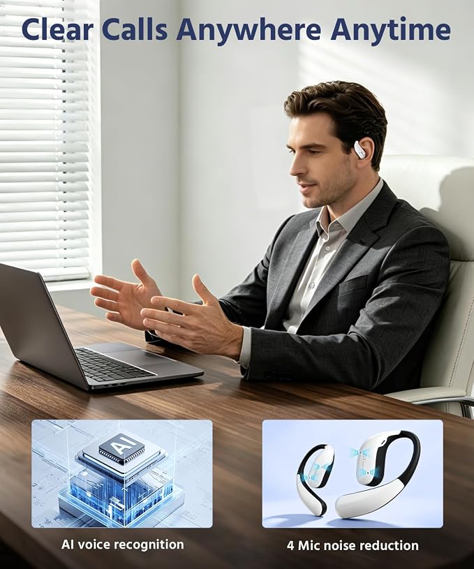 Open Ear Earbuds, Soft Earhook, 56H Playtime, Bluetooth 6.0, Bass | True wireless over ear headphones, Ergonomic fit, Powerful Sound, AI clear call mic, IP55 waterproof for work, sport, White