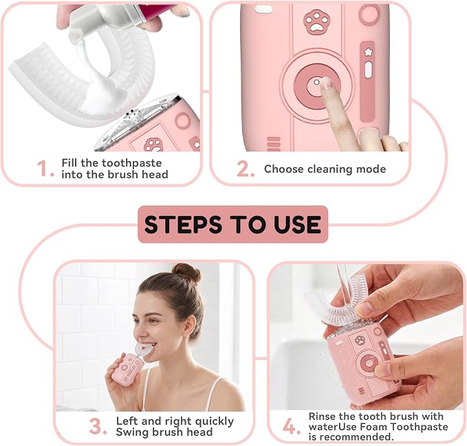 Adult Ultrasonic Electric Toothbrush, 360° Oral Cleaning for Stain & Whitening, IPX7 Waterproof Rechargeable, U-Shape Brush Head×3 + Straight Handle Brush Head×2 + Storage Cup