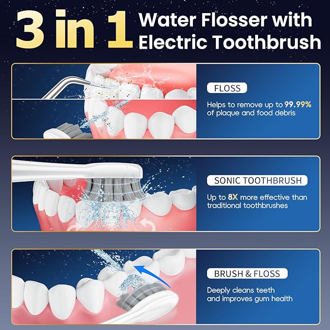 Electric Toothbrush with Water Flosser Combo, 3-in-1 Sonic Flossing Electric Toothbrush for Travel & Home, 330ml Easy-Clean Cup, 5 Speeds & 3 Modes for Braces, IPX7, 30-Day Battery, White