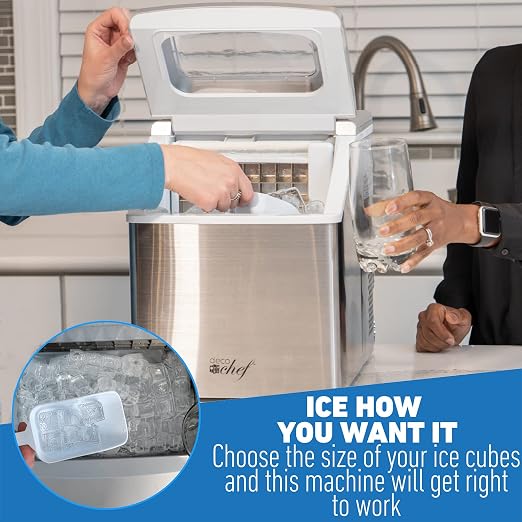 Deco Chef Countertop Ice Maker 40LB/24H, 24 Full Cubes Every 15 Minutes, Adjustable Size, Digital Control and Timer, Self-Cleaning, EZ Access Flip Lid, Scoop Included, Stainless Steel
