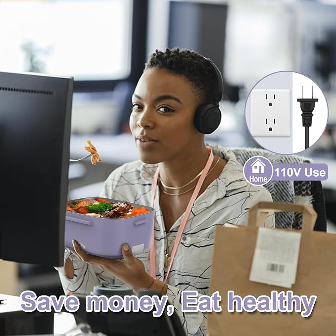 WisaKey Purple Electric Lunch Box Food Heater 80W Heated Lunch Box for Women, 12V 24V 110V 220V Portable Food Warmer Lunchbox hot lunch box for Car Truck Work with 304 SS Container Christmas Gift
