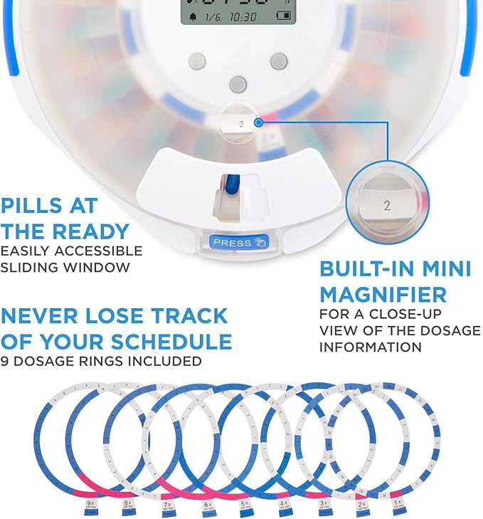 Live Fine Smart WiFi Automatic Pill Dispenser Frosted Lid | 28-Day Medication Organizer Up to 9 Doses Per Day for Care Monitoring with Lock Key, Light/Sound Alarms for Prescriptions & Vitamins