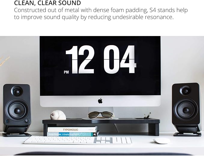 Kanto S4 Tilted Desktop Speaker Stands for Medium Bookshelf Speakers & Mid-Size 3”-4” Studio Monitors | Supports 8 lbs | Damping Foam Padding | ¼”-20 Mounting | Pair | Black