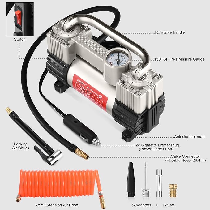 GSPSCN 12V Heavy Duty Tire Inflator Metal Portable Air Compressor Pump | 6X Faster Inflation Dual Cylinders 150PSI Air Pump with Adapter for Car, RV,Pickup Truck, SUV, Van,Camper, Air Bed,Ball