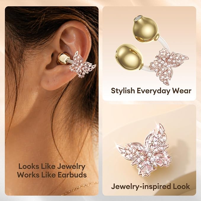 Clip On Earbuds with Detachable Gold Butterfly Earrings, Bluetooth 6.0 Open Ear Earbuds for Women, Led Display Leather Texture Charging, Comfortable Fit for Small Ear, Daily Wear&Gifts, X22 Beige