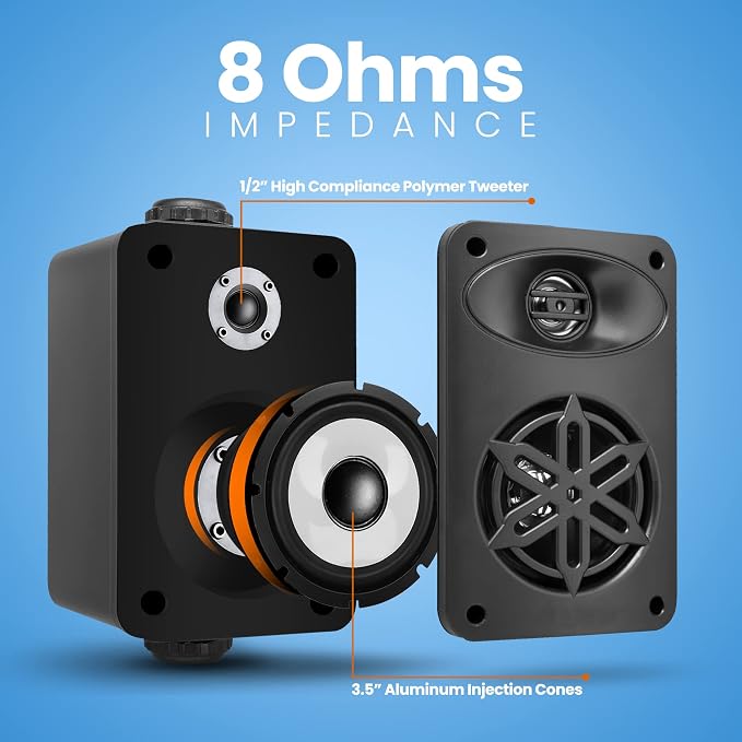 PyleUsa Indoor Outdoor Speakers Pair - 200 Watt Dual Waterproof 3.5” 2-Way Full Range Speaker System w/ 1/2” High Compliance Polymer Tweeter - in-Home, Boat, Deck, Patio, Poolside (Black)- PDWR35BK