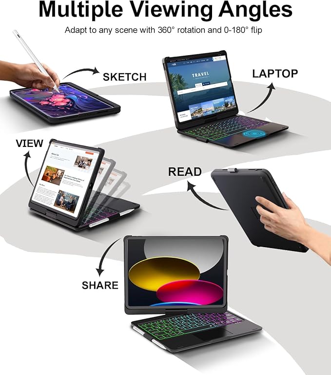 Baisla iPad 10th Generation Case with Keyboard 10.9" & iPad 11th (A16) & iPad Air 11 (M4/M3/M2), Multi Trackpad, 360 Swivel & Rainbow Backlit for iPad Air 5th/4th,iPad Pro 11 4th/3rd/2nd/1st - Black