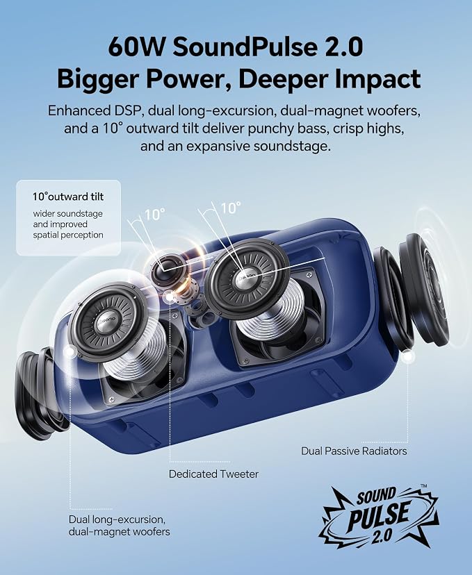 dbsono Portable Bluetooth Speaker Wireless: 100W(Peak) SoundPulse 2.0 with BassBoost, Waterproof Loud Party Speakers, Unlimited Pairing, TWS for Outdoor/Indoor, Beach Vacation Essential, Blue