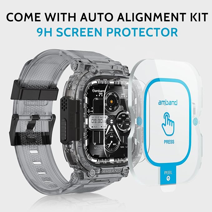 amBand Bands Case Screen Protector Compatible with Apple Watch Ultra 3/2/1 49mm, M1 Sport Series Rugged Cover Strap and 9H Tempered Glass Film, Protective Bumper for iWatch 49 mm Men Crystal Black