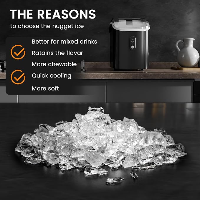 Soft Chewable Nugget Ice Maker, 35Lbs/24Hrs, Self-Cleaning Countertop Pebble Ice Machine with Basket & Scoop for Home, Bar, or Entertaining,Black