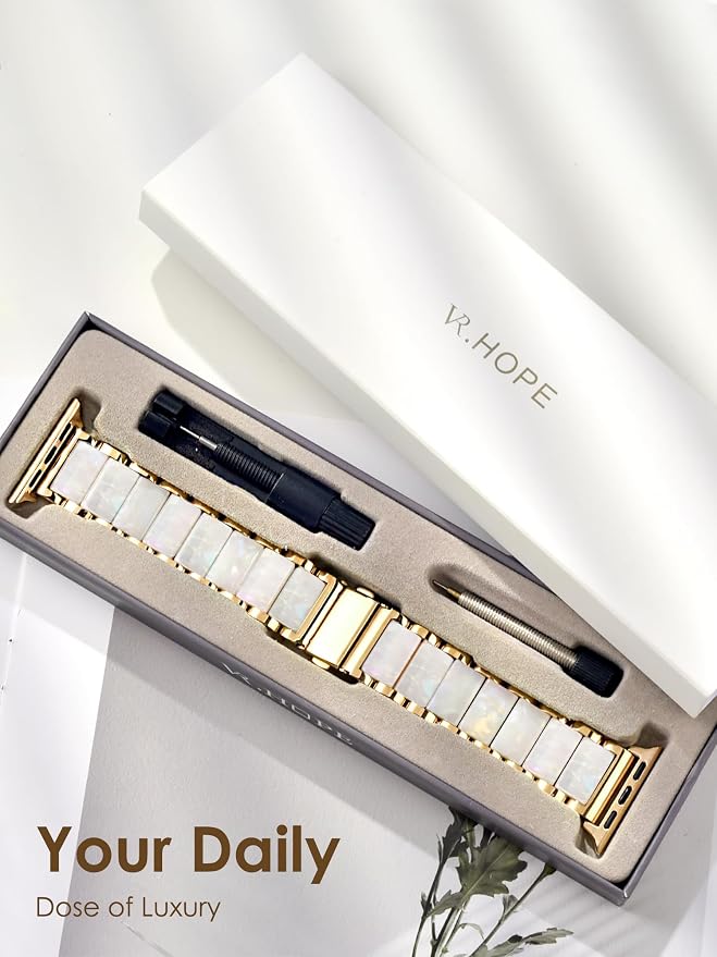 V.R.HOPE Apple Watch Band for Women 42mm 44mm 45mm 46mm 49mm Fashion Gold Stainless Steel Metal Strap with Resin Inlay, Fashion Bracelet Compatible with iWatch Series Ultra3/11/10/9/8/7/6/SE (Fluorescent White+ Gold)