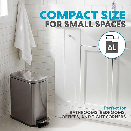 SIMPLI-Magic 6L/1.6G Stainless Steel Bathroom Trash Can with Hands-Free Foot Pedal, Quiet Soft-Close Lid, Compact Space-Saving Size