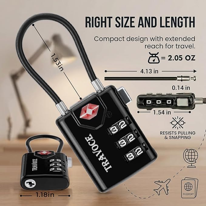 • TRAVOCE TSA Approved Luggage Locks - Heavy Duty 3 Digit Combination Cable Lock, Search Alert for Suitcases, Backpacks, Golf Bags, Tents, Violin and Camera Cases, 6 Pack, Black