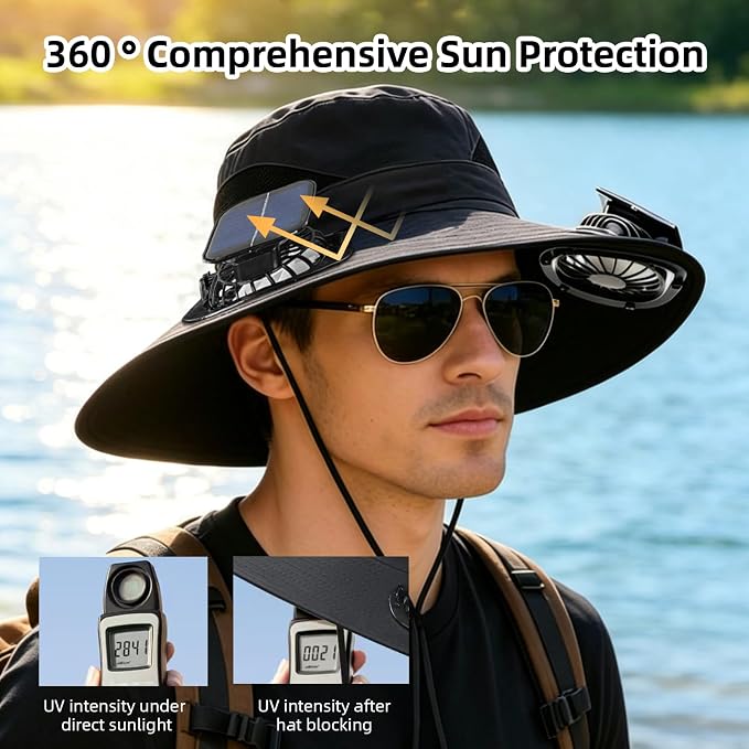Solar Fan Hat, Wide Brim Hat with 2 Removable Fans Solar Power, Sun Bucket Fishing Hat for Men Women Outdoor Hiking Camping Gardening, UPF 50+ Sun Protection Waterproof Black