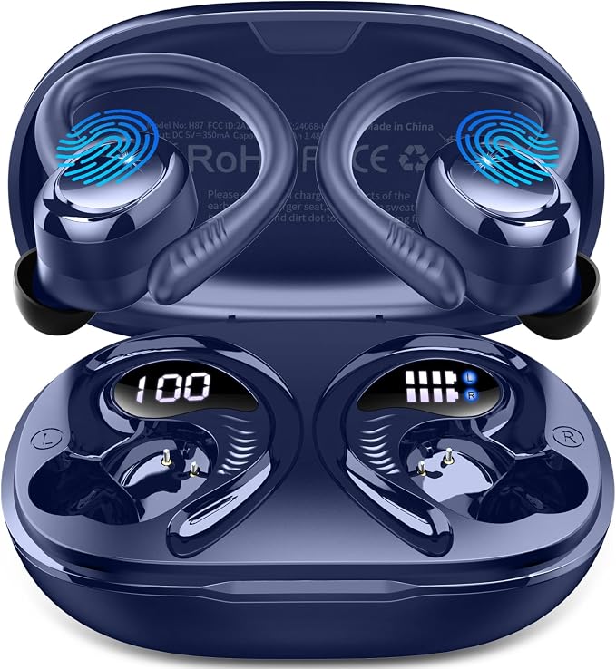 Hupoaf Wireless Earbuds Sport, 2025 Bluetooth 5.4 Headphones with Earhooks, 50H Stereo Deep Bass Over Ear Buds with 4 ENC Noise Canceling Mics, IP7 Waterproof Earphones for Running Workout Gym -Blue