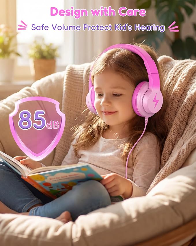 Candy Bila Wired USB C Kids Headphones, 85dB Safe Volume, HD Stereo Sound, Adjustable Headband, Foldable Over-Ear Design for School/Travel/Boys/Girls/iPad/Tablet (Gradient Rose Pink)