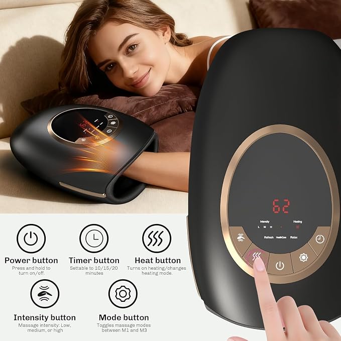 Hand Massager with Heat and Compression, 3 Strength Levels & Modes, 10/15/20 Min Timer,Large Size Fits Hands & Forearms Carpal for Arthritis, Pain Relief, Carpal Tunnel(Black, General)