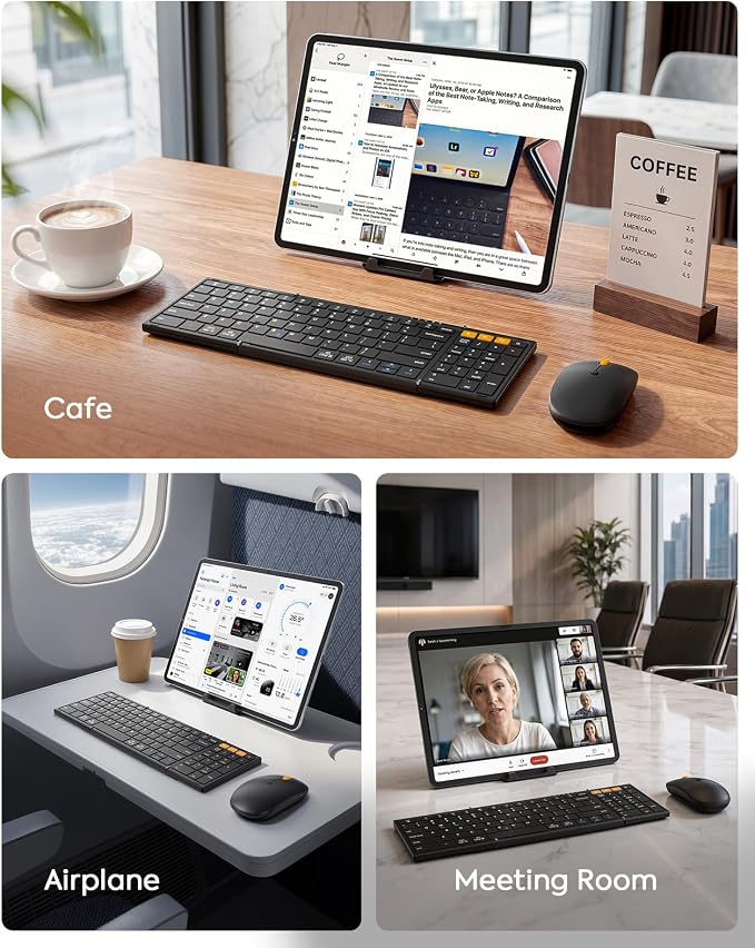 MoKo Foldable Keyboard and Mouse Combo, 2.4G+BT5.0 x 2, Full-Size Portable Folding Bluetooth Keyboard Set for Business Travel, USB-C Rechargeable Wireless Mouse with Bag for Laptop iPad Tablet