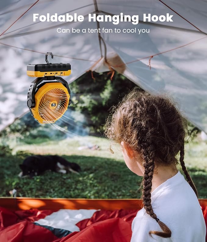 Rechargeable Fan with Detachable Battery - 48000mAh(127H Working) Camping Fan Portable, Battery Powered Fans with Hook, Timers, Ventilador Recargable for Tent, Travel, Gifts for Men Dad, Yellow