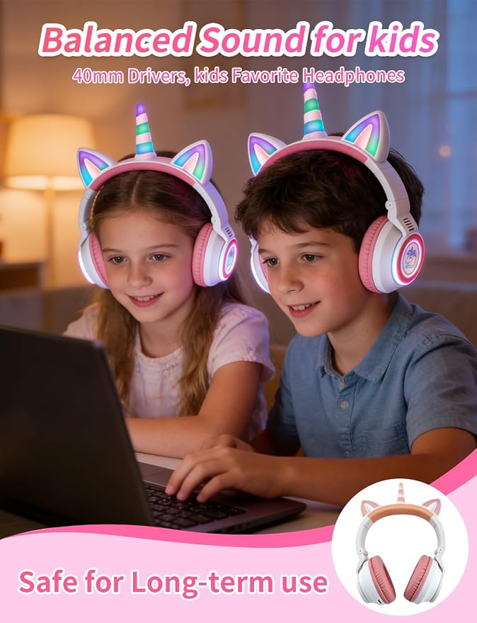 Upgrade Unicorn Headphones for Girls, Kids Bluetooth Wireless Headphones with 7 Colour Flash Light, 93dB Volume Limited, for Toddlers Tablet/iPad/Amazon Fire, Birthday Gifts, (White Pink)